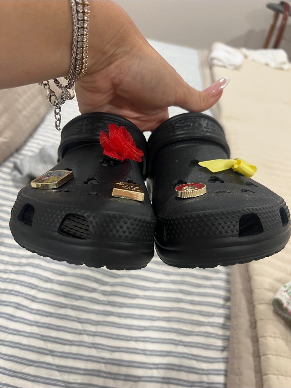 CROCS Black Kids Clogs with Colorful Charms and Yellow Bow - Picture 2 of 7
